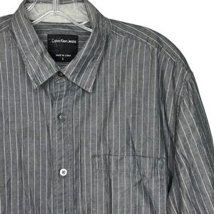 Calvin Klein Jeans Men Gray Striped Long Sleeve Button‎ Down Shirt L
